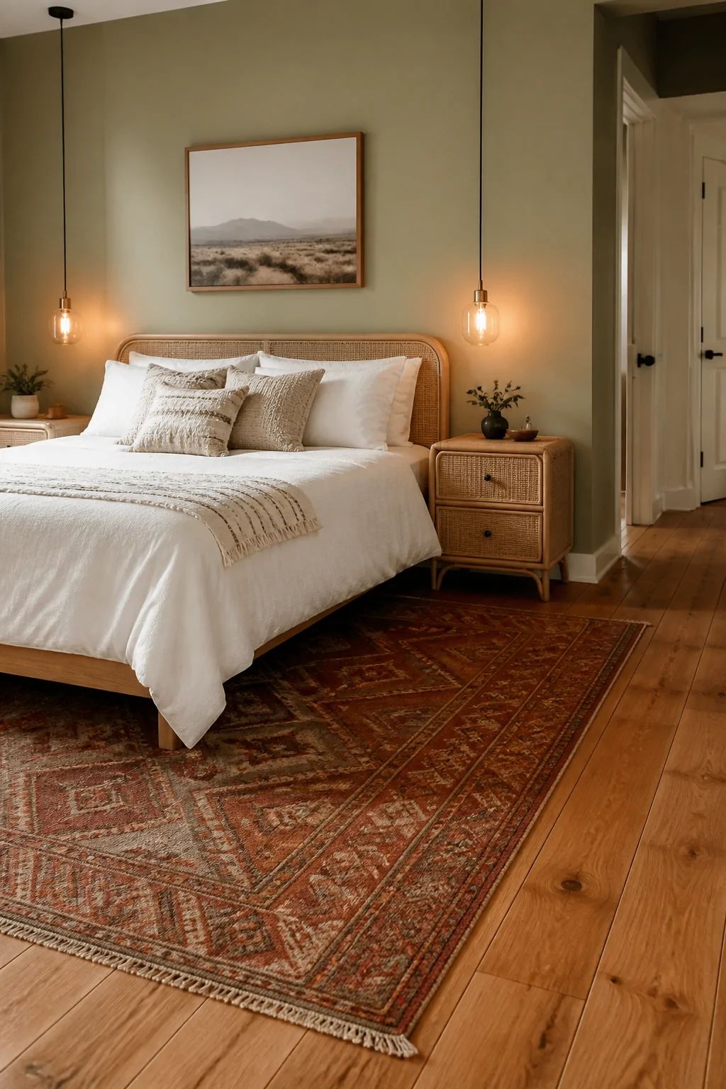 Medium shot of a stylish bedroom interior featuring warm-toned oak hardwood floors layered with a richly saturated terracotta