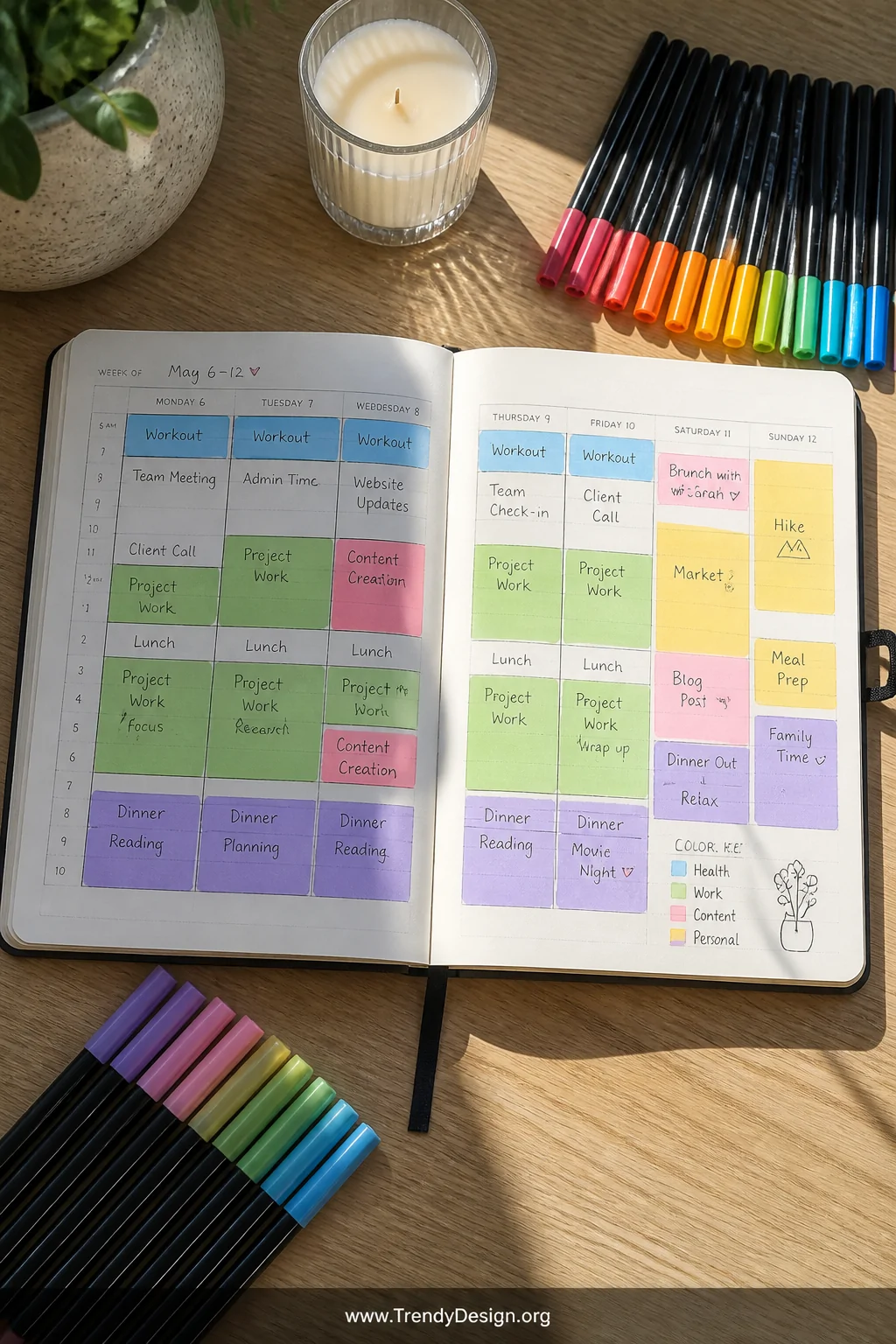 A wide flat-lay shot of an open planner on a light oak desk, showing a weekly spread divided into 5–6 clearly colored zones i