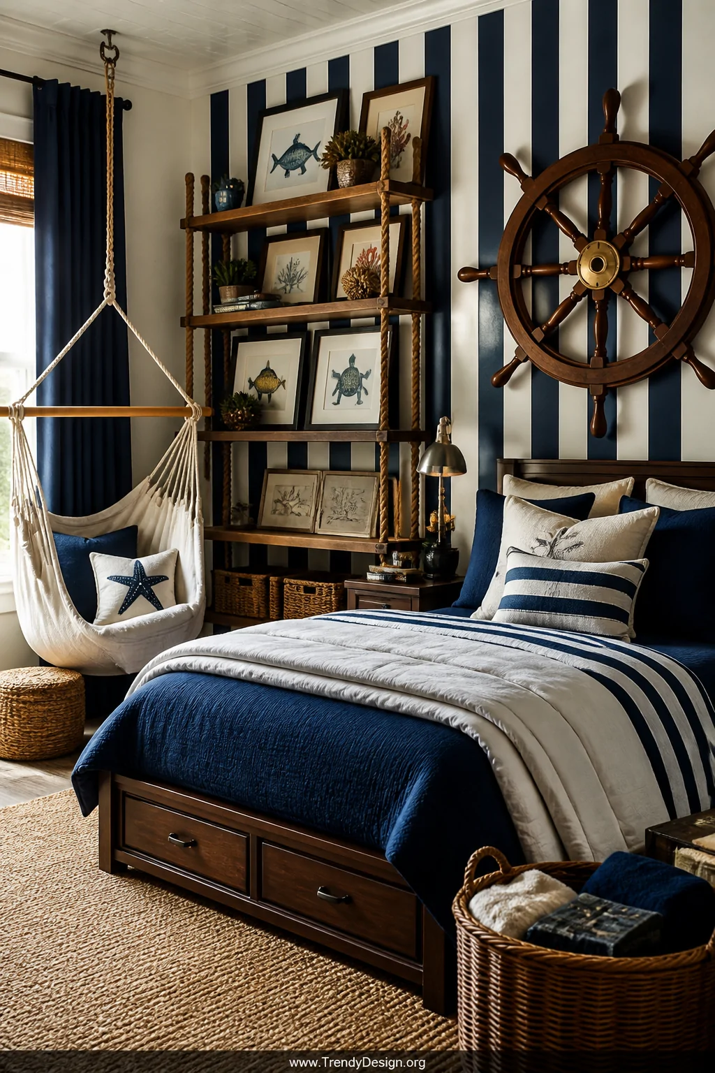Medium photorealistic shot of a nautical boy's bedroom featuring a crisp navy and white vertical striped accent wall, rope-wr