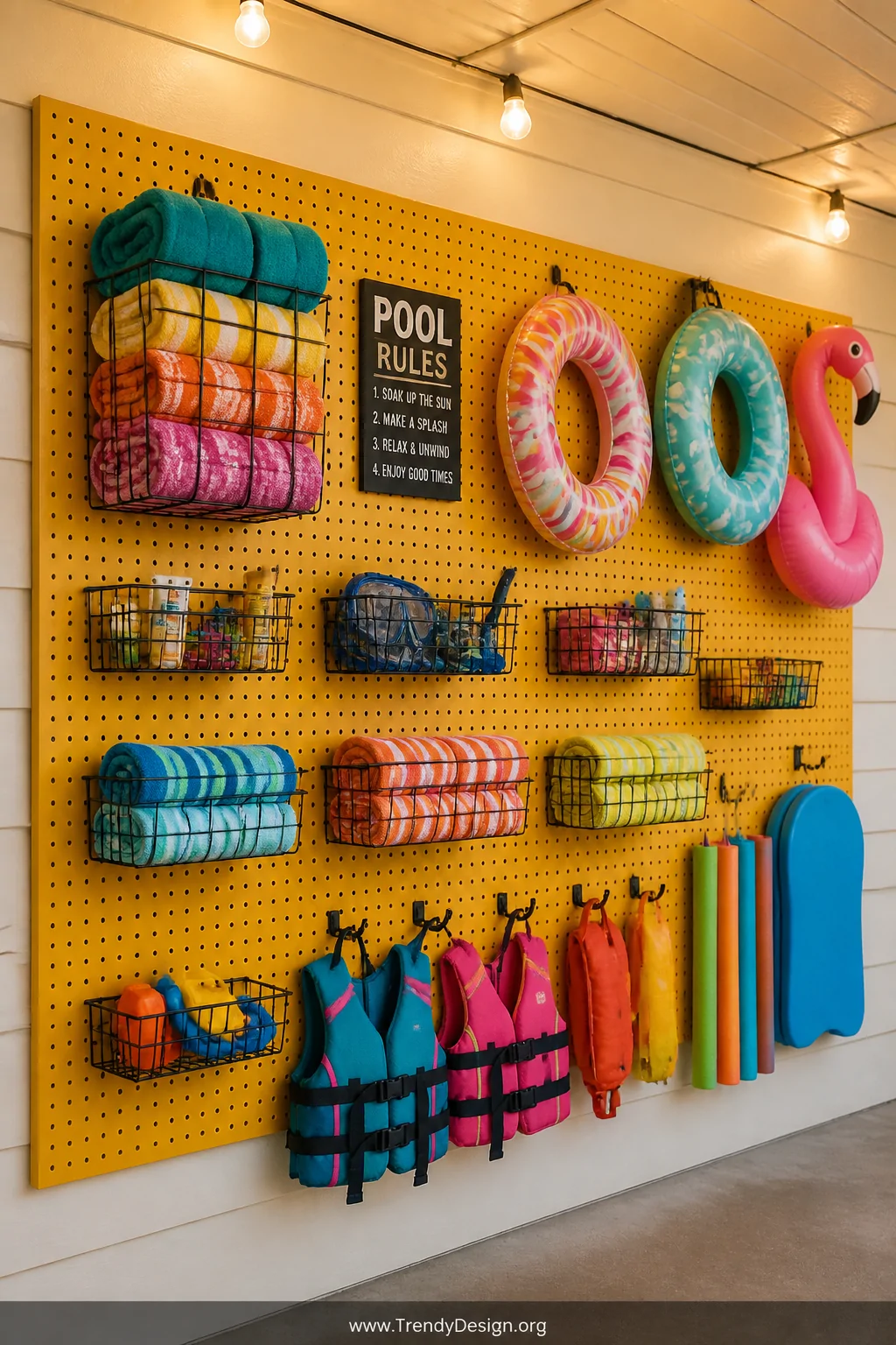 A wide shot of a bold mustard-yellow pegboard mounted on a covered pool shed wall, fitted with an organized grid of metal hoo