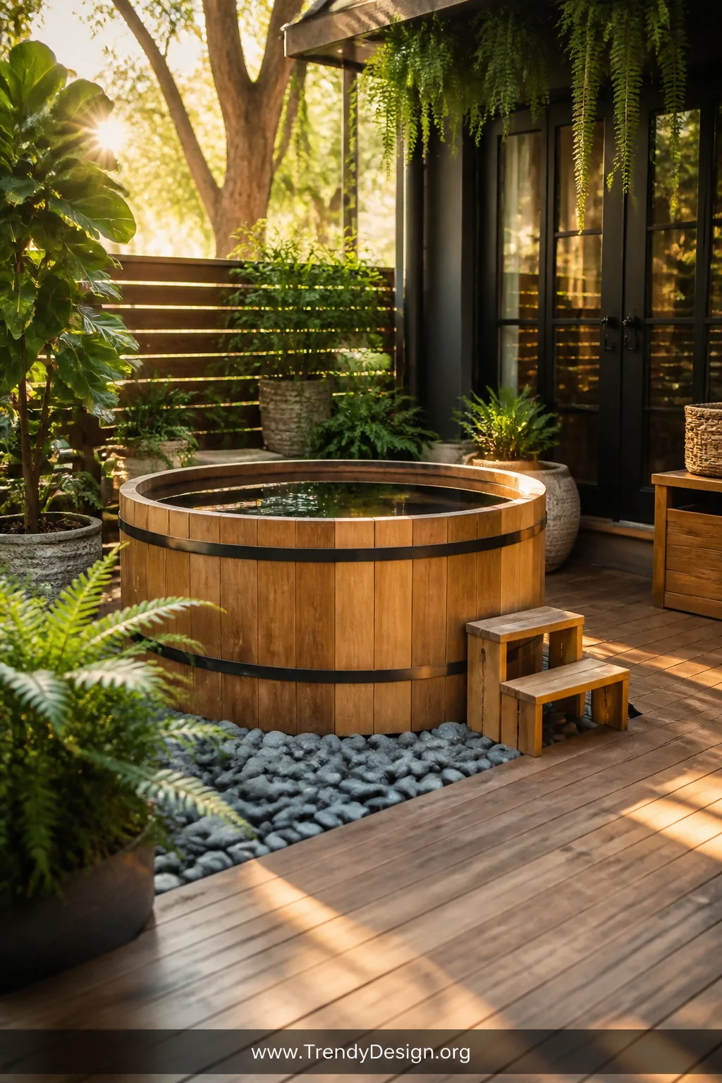Wide backyard patio shot of a rich honey-toned cedar barrel cold plunge with dark metal hoop bands, surrounded by smooth grey