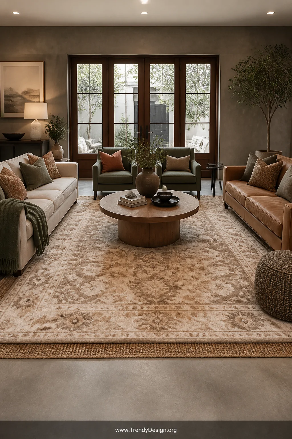 A wide photorealistic living room shot showcasing an oversized wool area rug in warm camel and ivory tones layered over a nat
