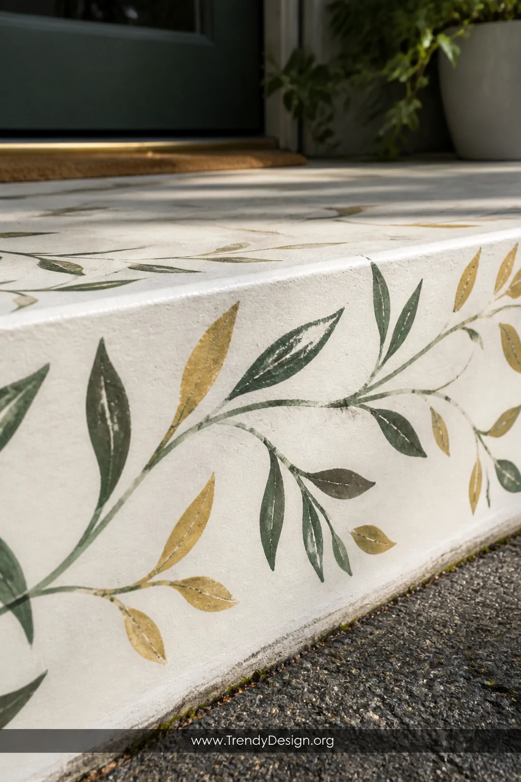 Close-up detail shot of a concrete porch perimeter featuring a hand-painted botanical border of loose, expressive leaf and vi