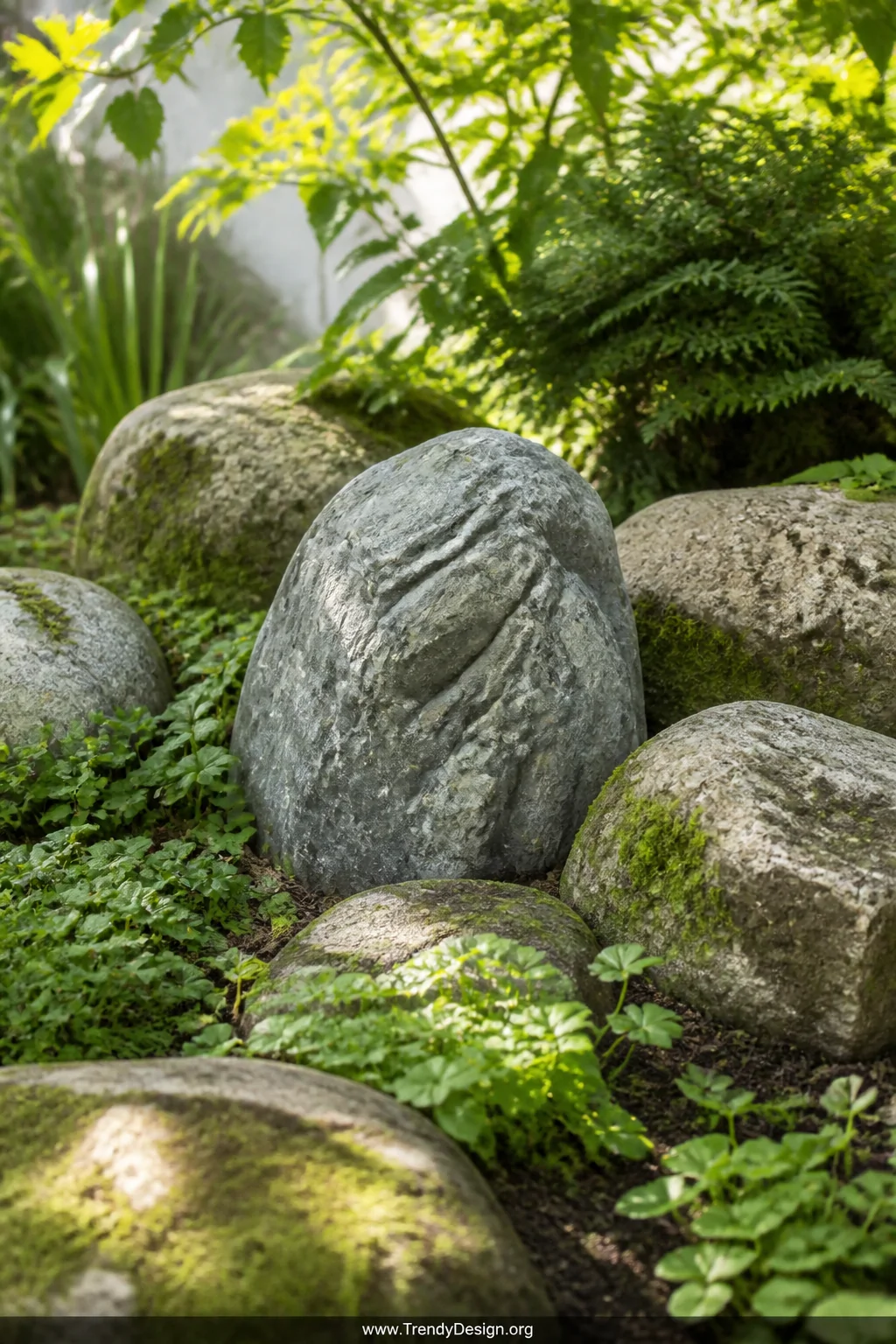 A closeup detail shot of a weathered, realistic-looking fake rock nestled naturally among five to seven genuine moss-speckled