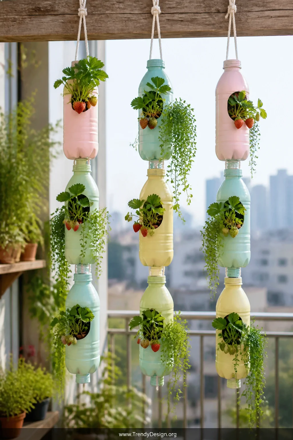 A bright sunlit apartment balcony with three vertical hanging towers made from painted pastel-colored plastic bottles strung 