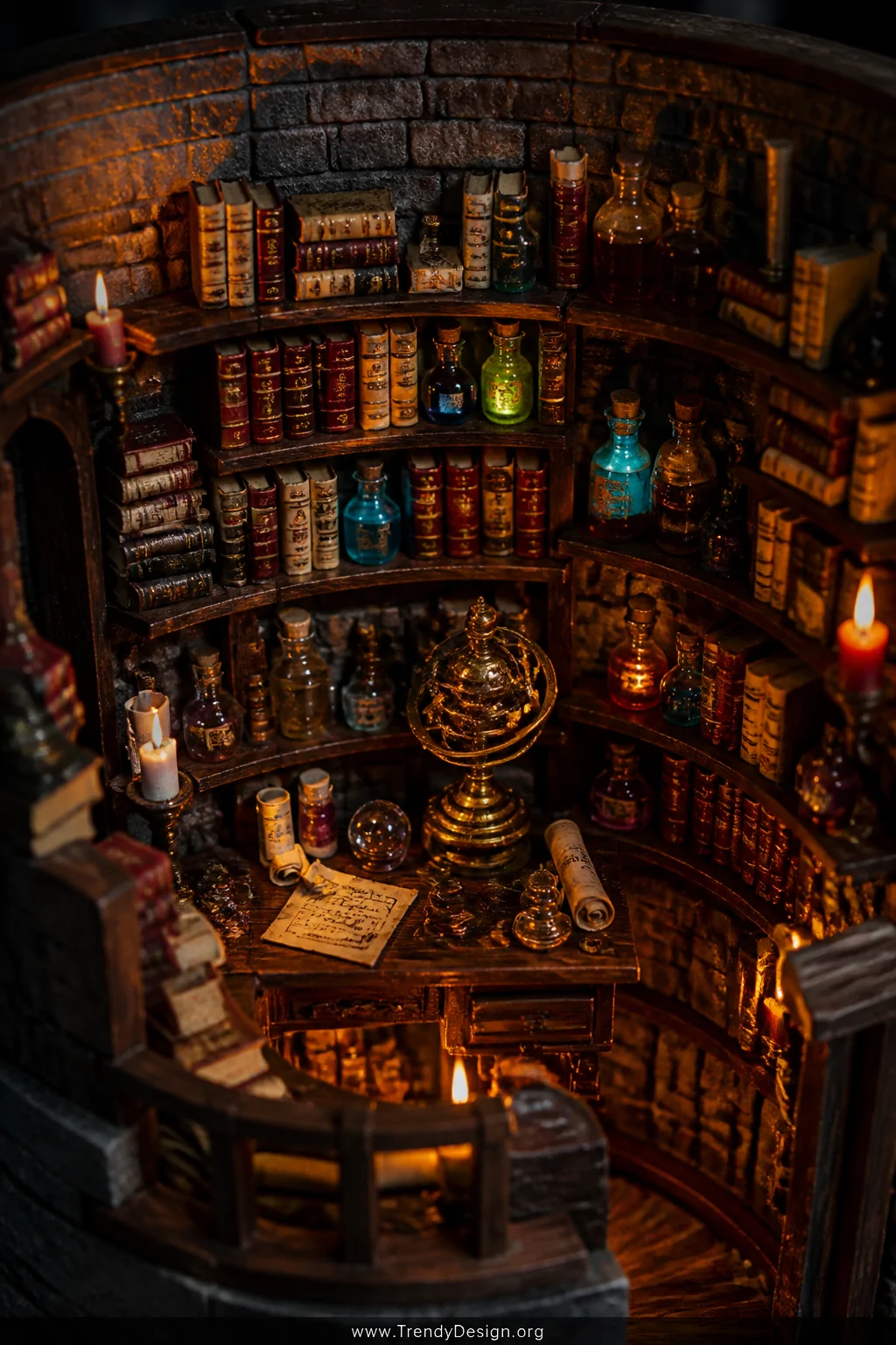Close-up detail shot of a cylindrical wizard's tower diorama interior, curved stone walls lined with imperfectly stacked mini
