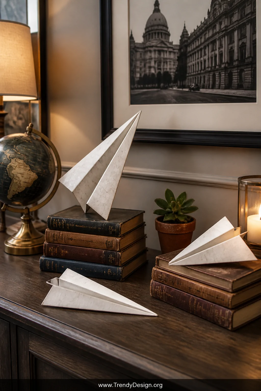 Medium shot of a beautifully styled console table vignette featuring three white and cream paper airplanes of varying sizes a