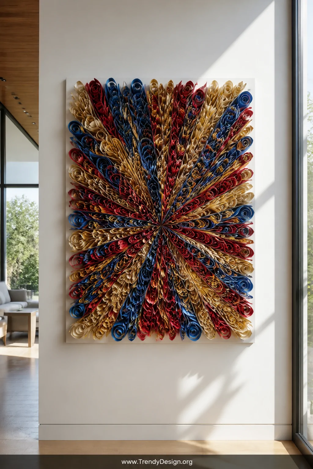 Wide shot of a bright white gallery wall featuring a large canvas mounted at eye level, covered in an intricate starburst exp