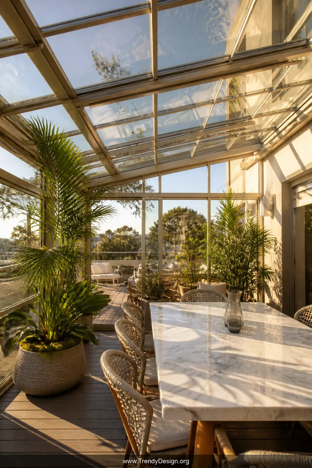 A medium shot of an upscale deck room enclosed by tempered glass roof panels framed in slim brushed aluminum, warm golden sun