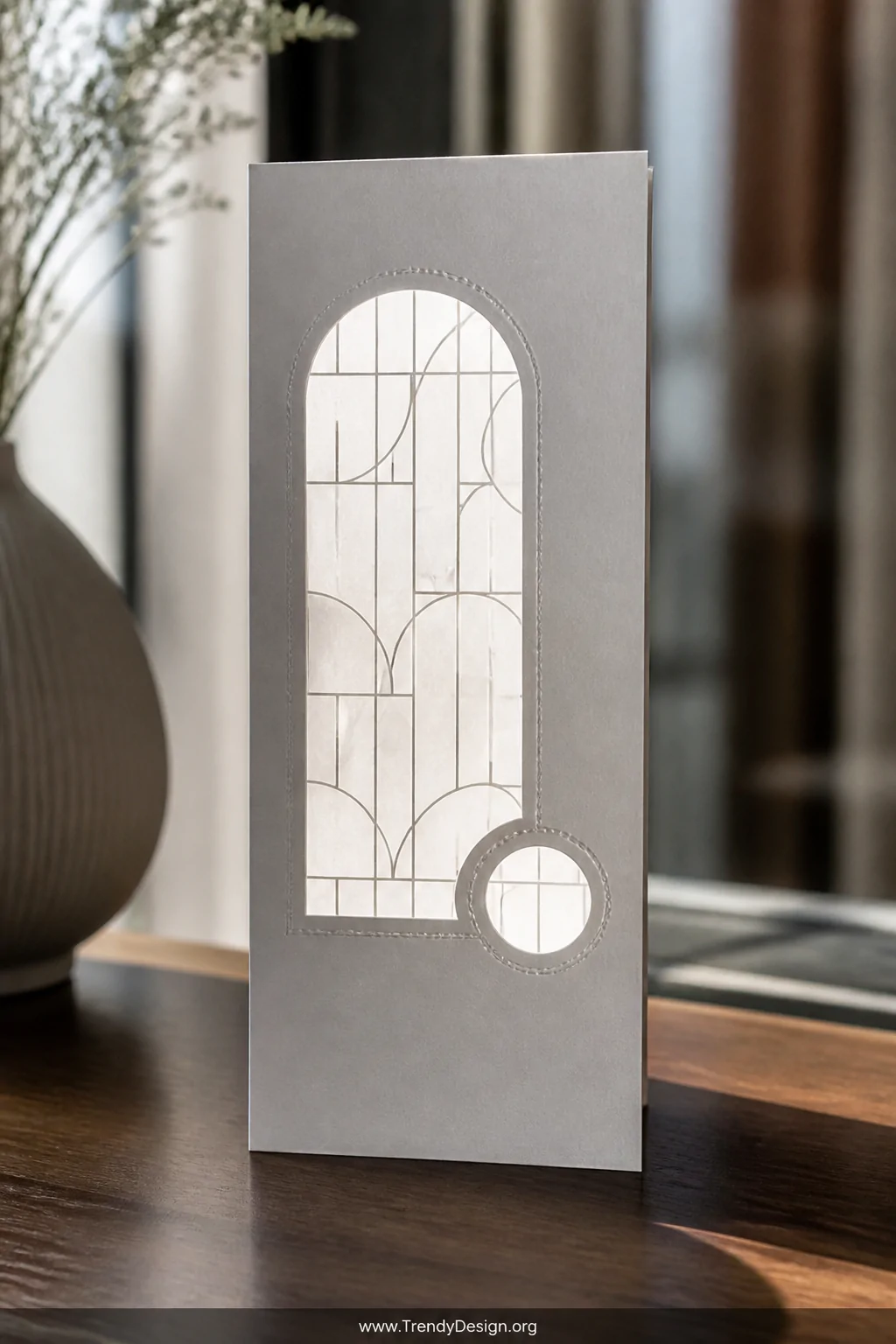 A close-up shot of a slimline card standing upright on a dark walnut desk, featuring a geometric arch die-cut window on the c