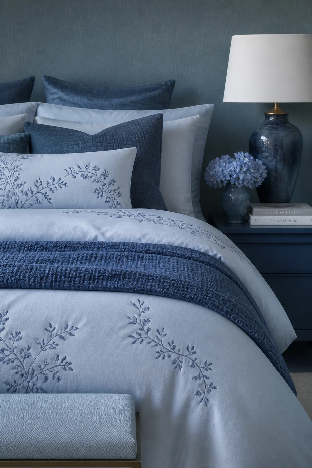A close-up detail shot of a beautifully made bed showcasing a dusty blue monochromatic floral duvet with navy embroidered bot