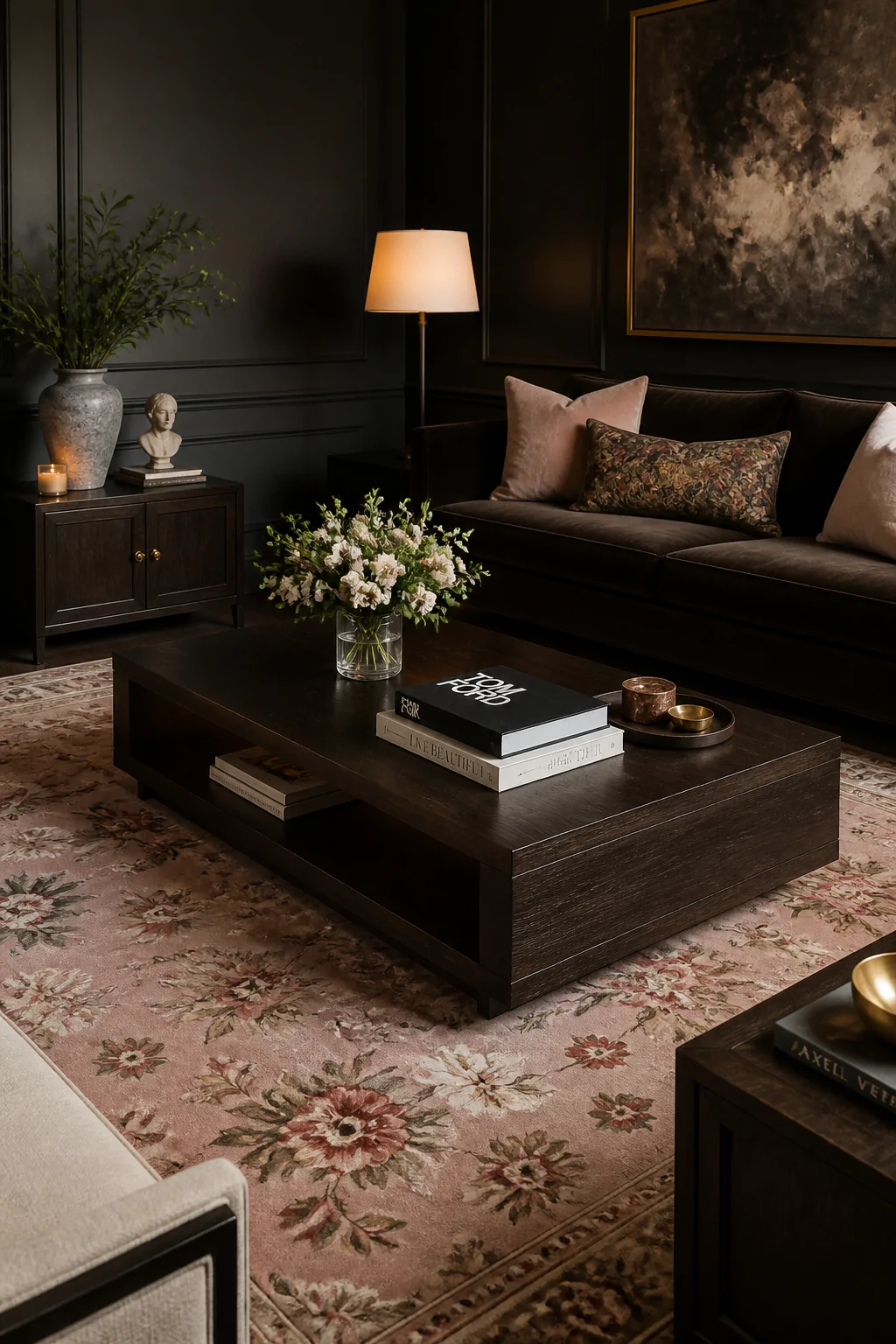 A wide photorealistic living room scene featuring a soft pink floral rug beneath a dark espresso walnut coffee table, flanked