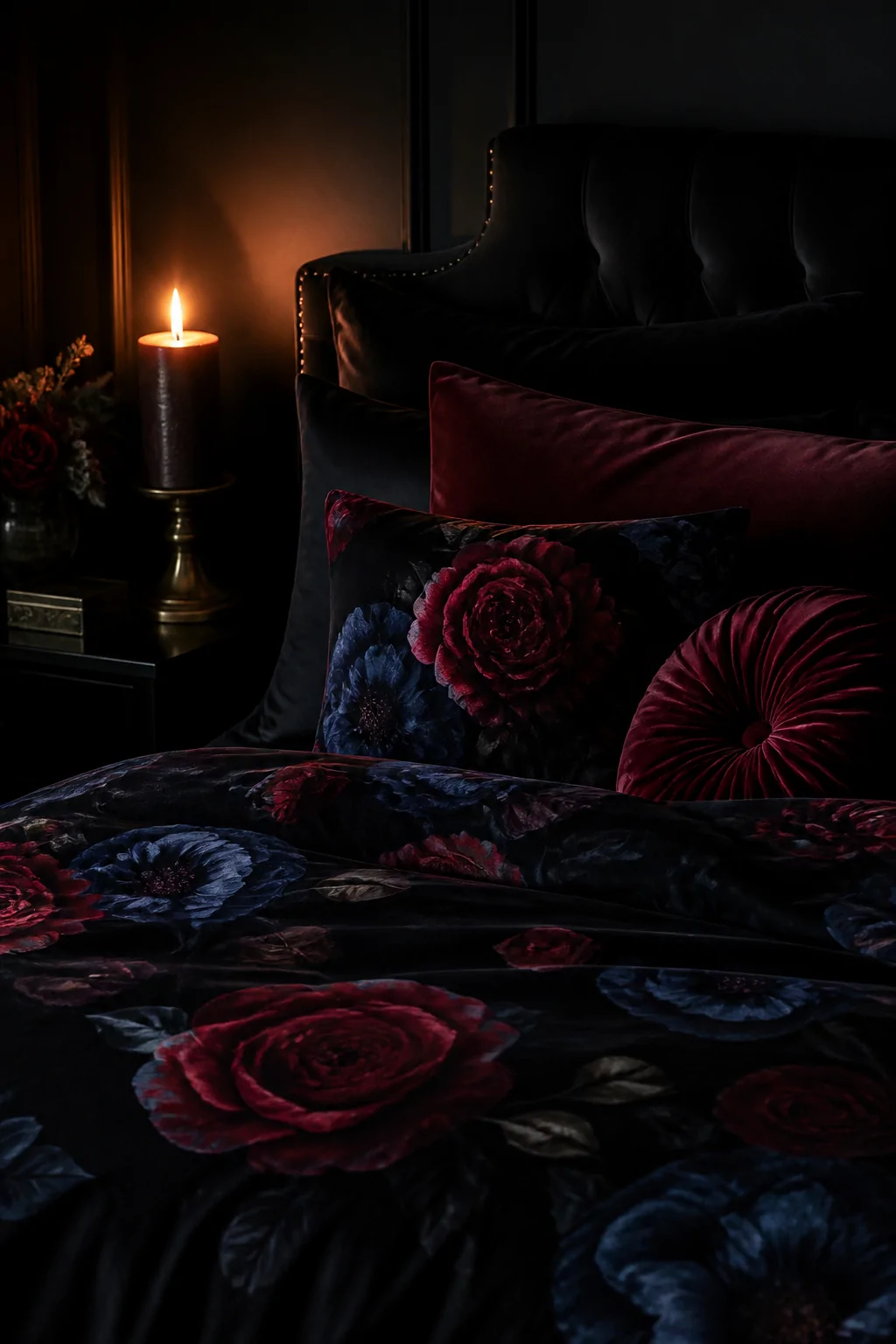 Closeup detail shot of a dramatically styled bed with deep jewel-toned bedding featuring moody burgundy roses and dark navy p