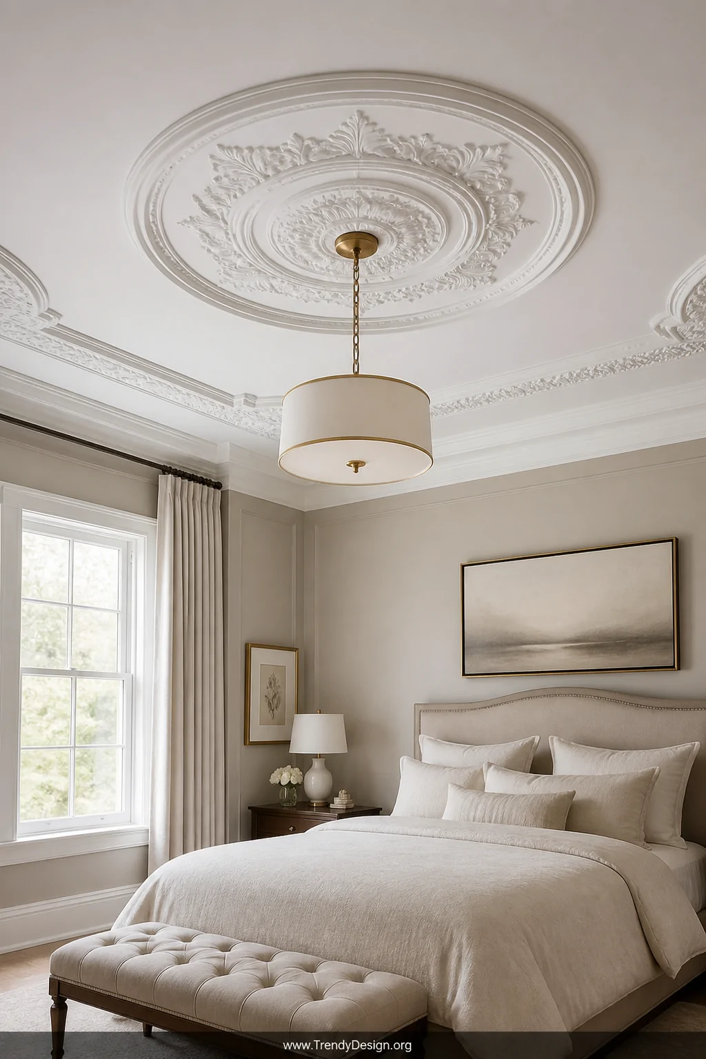 Wide shot looking up at a sophisticated bedroom ceiling where a large custom vacuum-formed medallion rosette in crisp painted
