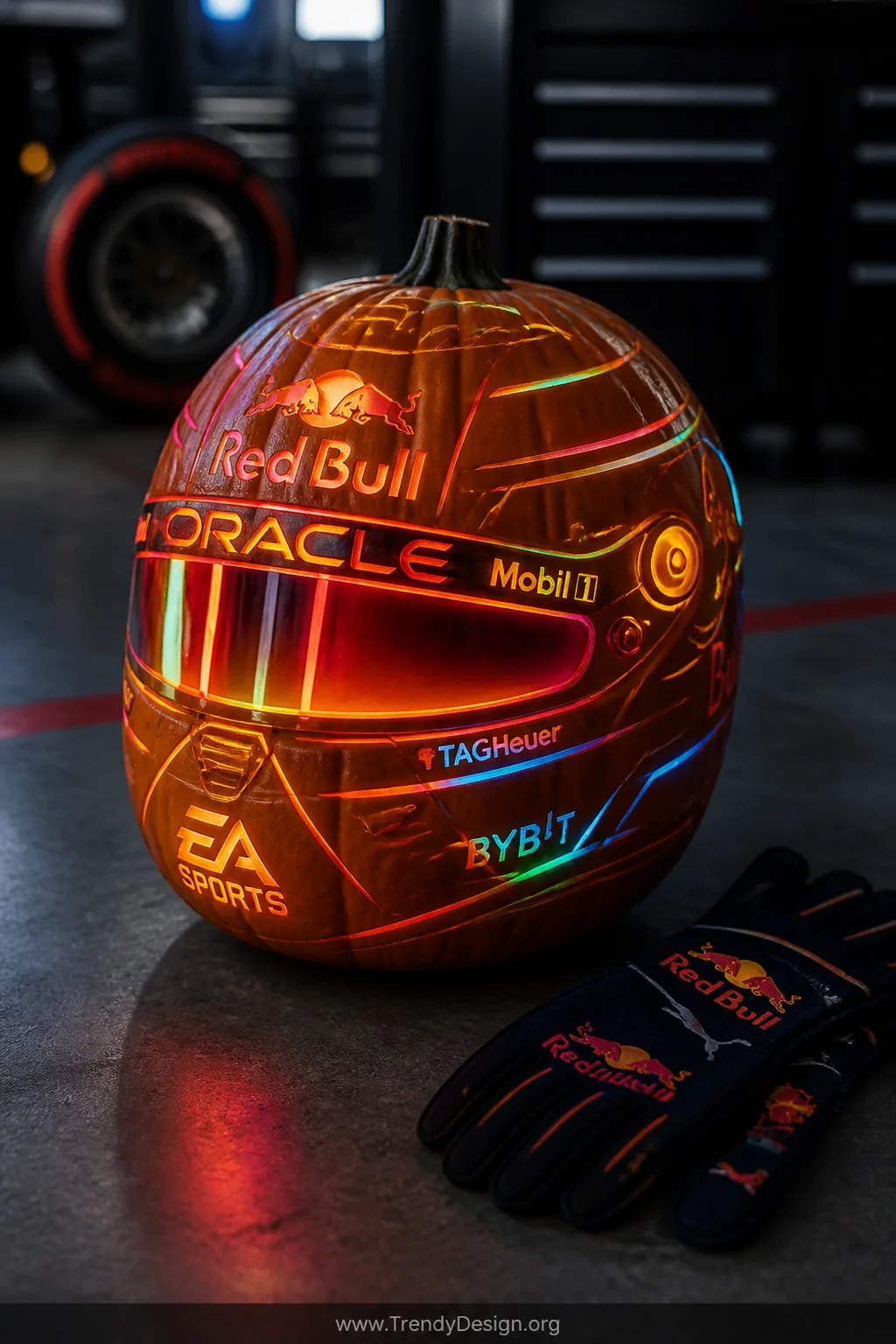 A medium shot of a smooth, perfectly round orange pumpkin carved with a sleek Formula One racing helmet design featuring a wi