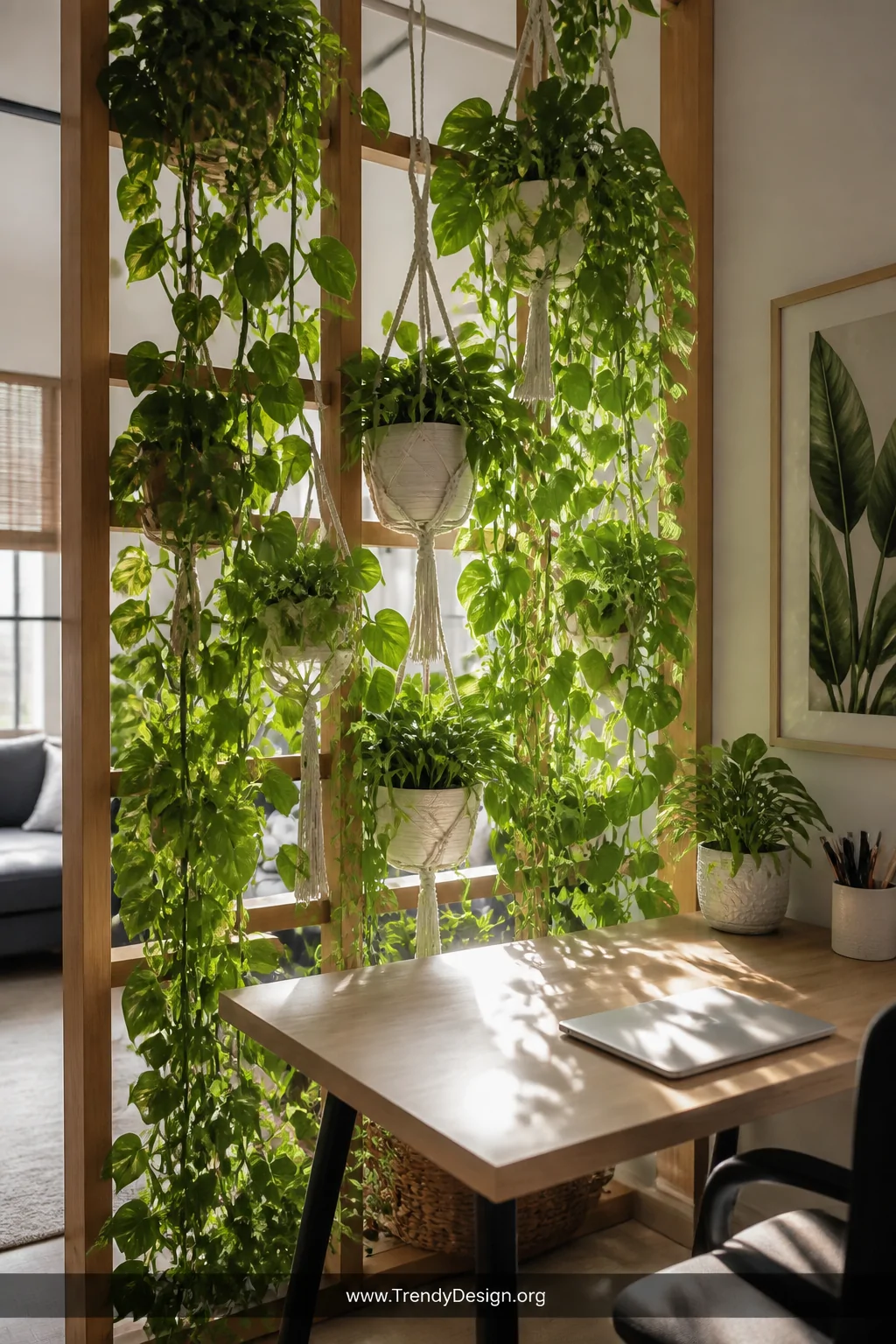 Medium shot of a home office corner with a natural wood ladder-style frame divider densely layered with trailing pothos and h