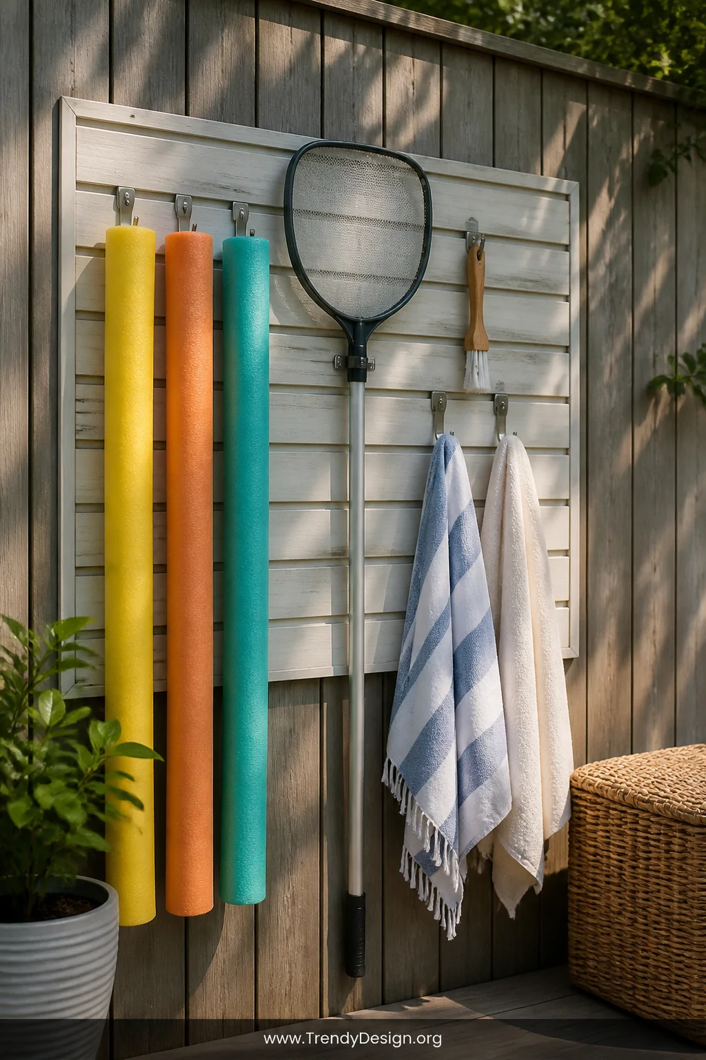 A medium shot of a weathered vinyl slatwall panel mounted on a warm gray wooden fence, hung with bright foam pool noodles in 