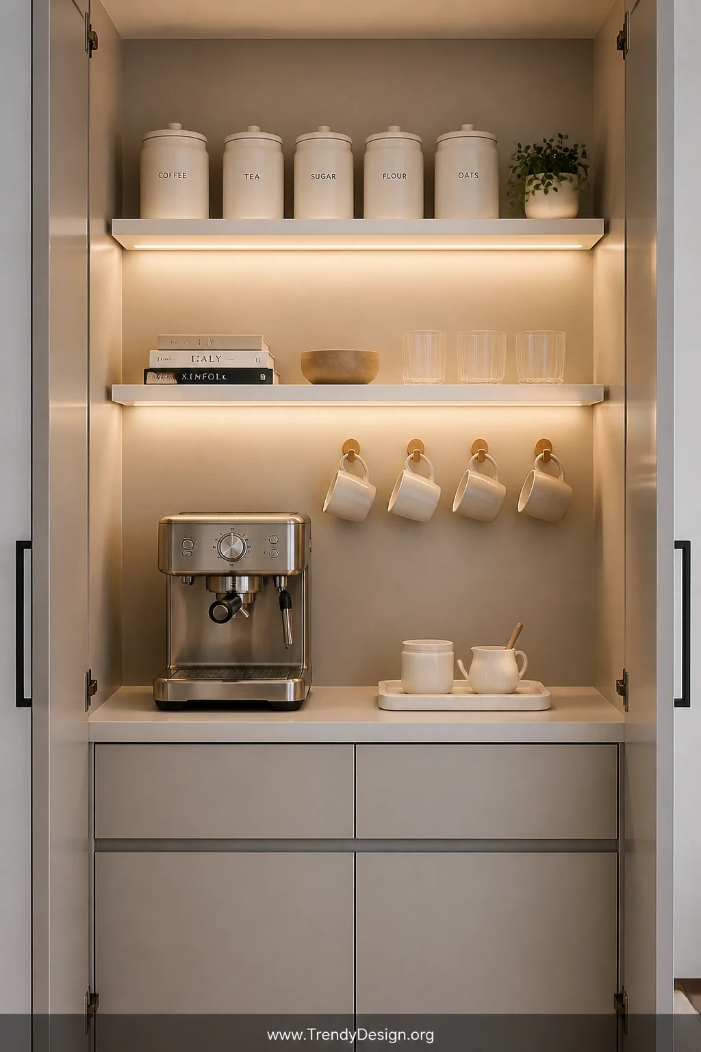 Wide shot of a minimalist open closet coffee bar with a soft warm greige painted interior, three staggered white floating she