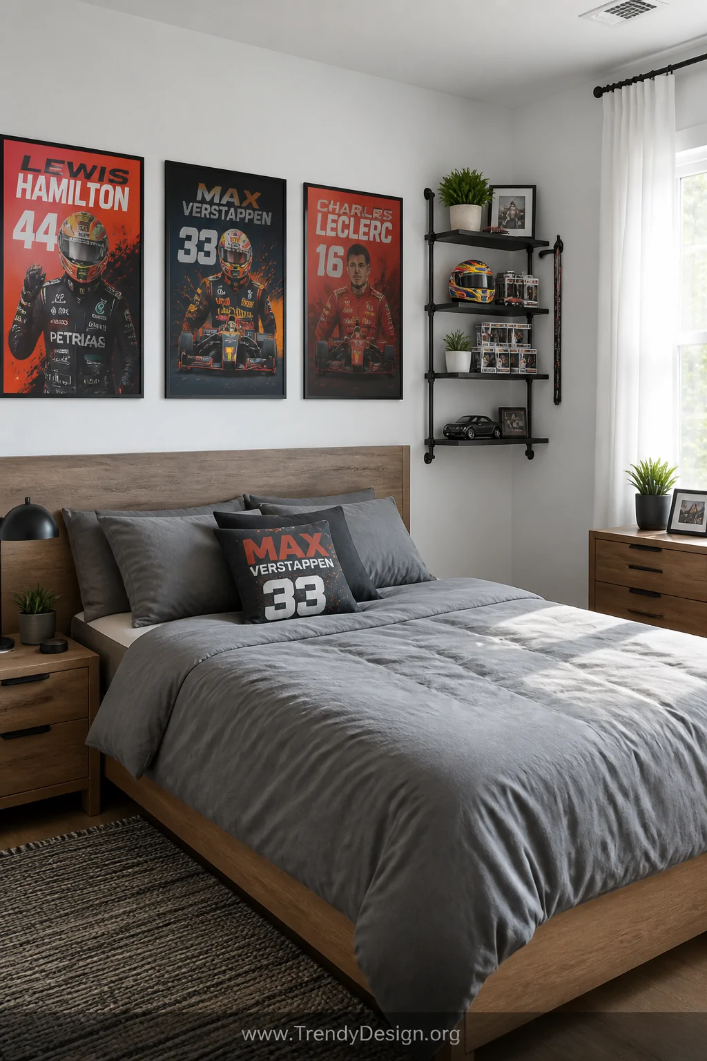Wide-angle photorealistic shot of a modern boys bedroom with clean white walls, grey linen bedding on a natural wood bed fram