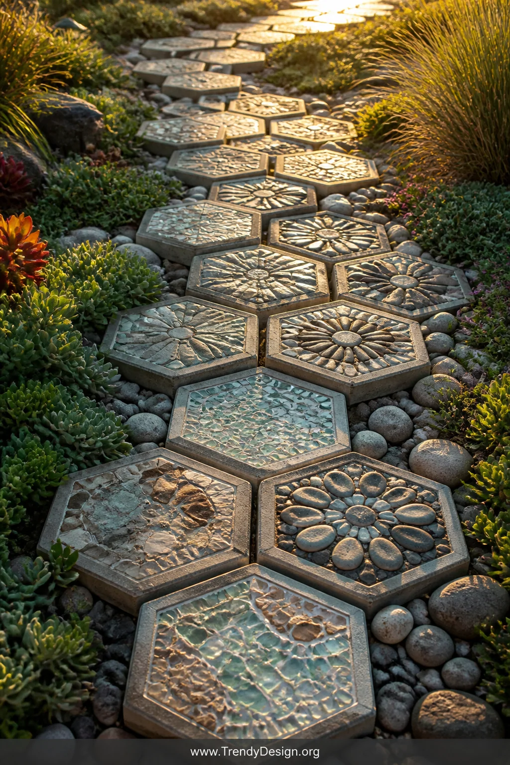A wide outdoor garden shot featuring a winding path of tightly arranged DIY hexagonal concrete stepping stones in mixed sizes