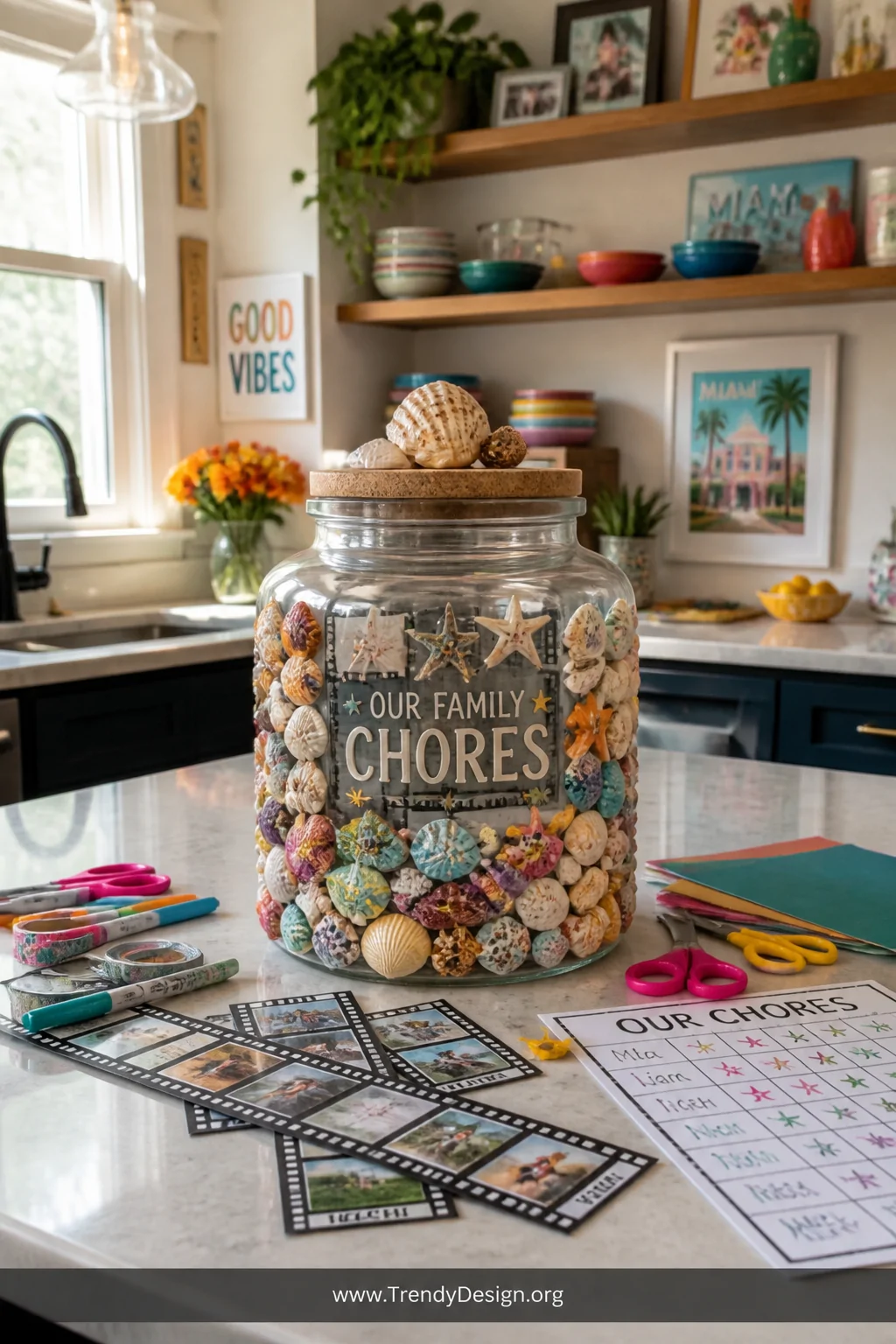 A wide shot of a lively, personality-filled kitchen island displaying a large themed chore jar decorated with miniature paint