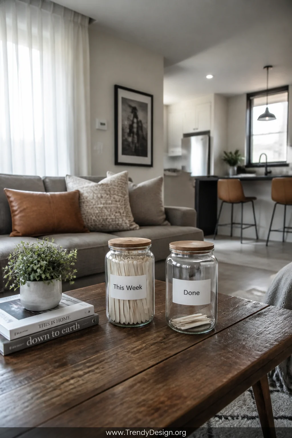 A wide shot of a modern shared apartment living space with two matching glass jars labeled 