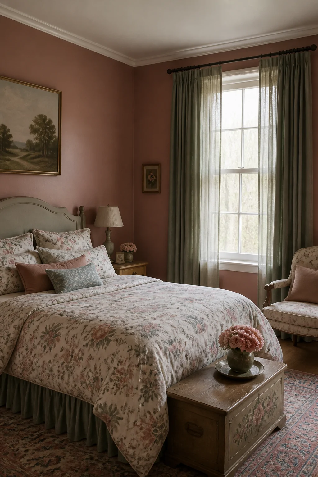 Wide room shot of a cohesive vintage floral bedroom bathed in soft, diffused light, walls painted in warm dusty rose, floor-l