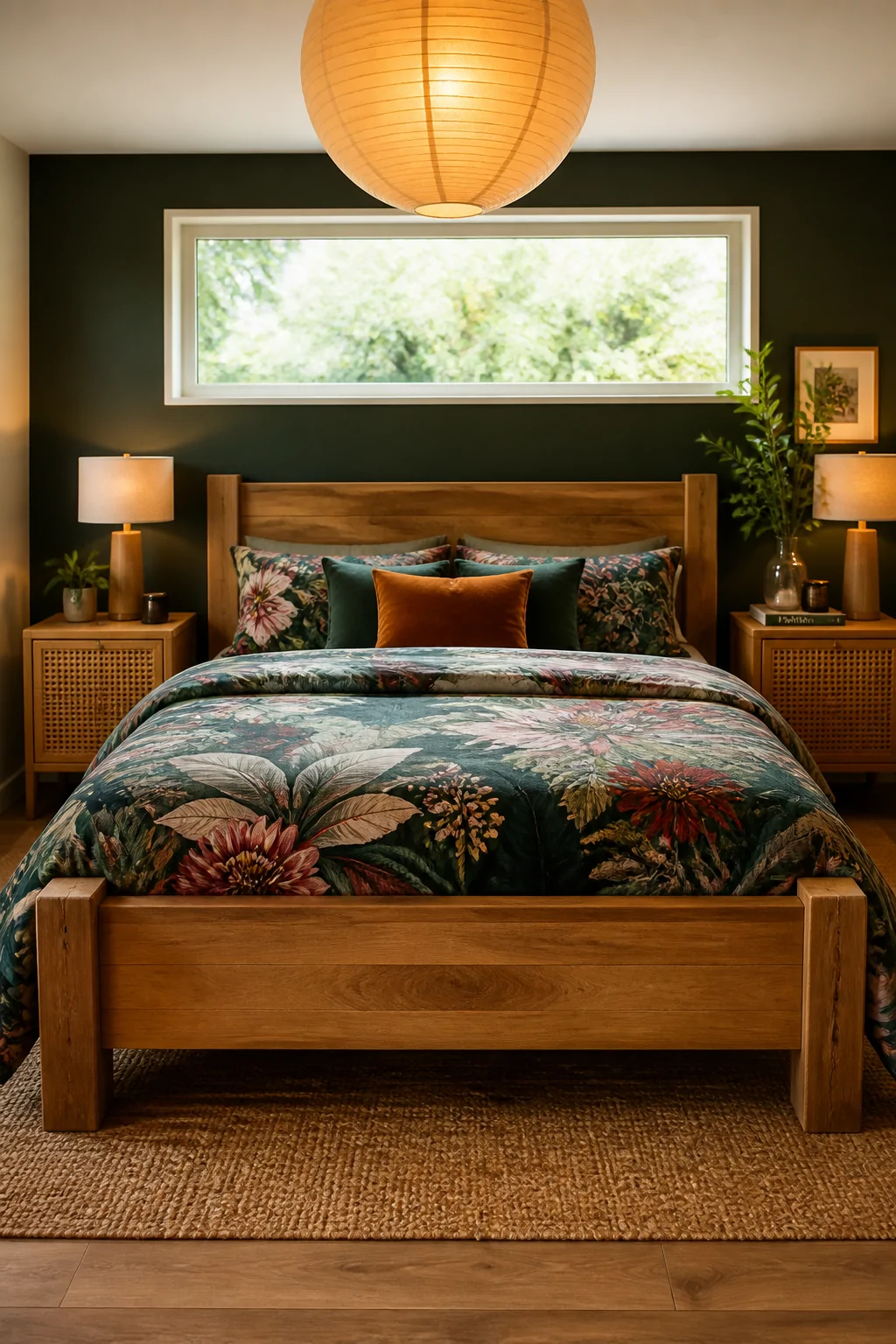 Medium-wide photorealistic bedroom shot centered on a chunky warm oak bed frame with rattan nightstands on either side, bold 
