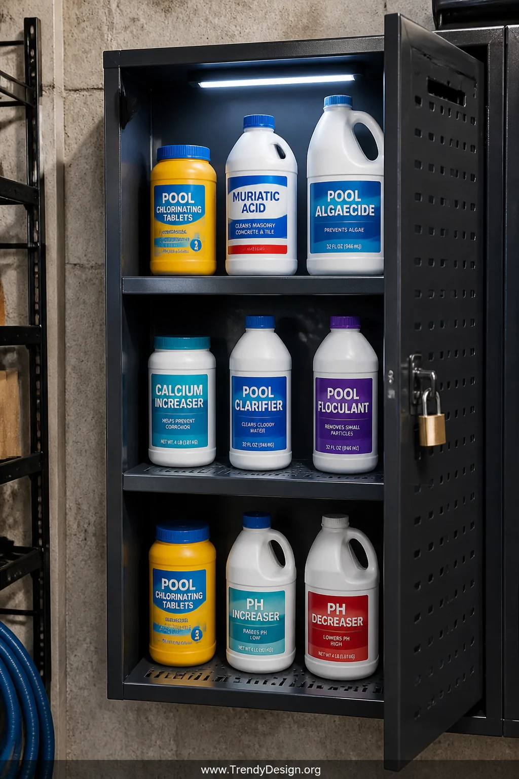 Close-up detail shot of an open, wall-mounted outdoor chemical storage cabinet in powder-coated steel with individual ventila