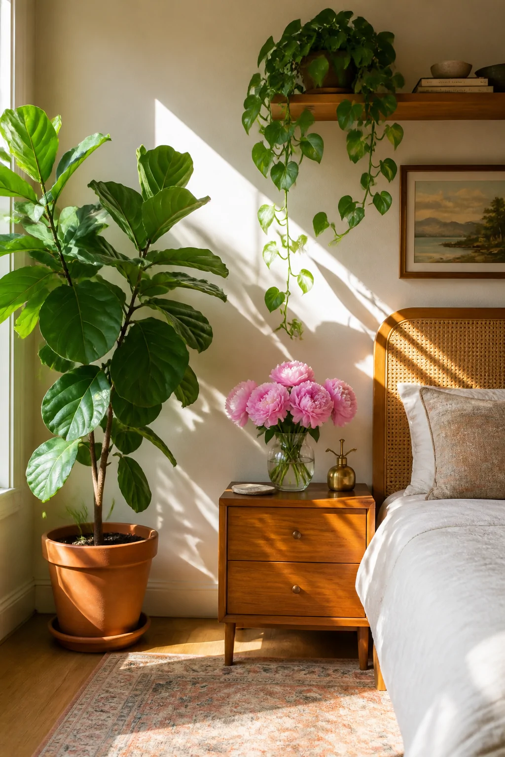 Medium lifestyle shot of a lush bedroom corner and nightstand vignette featuring a small clear vase of fresh pink peonies on 