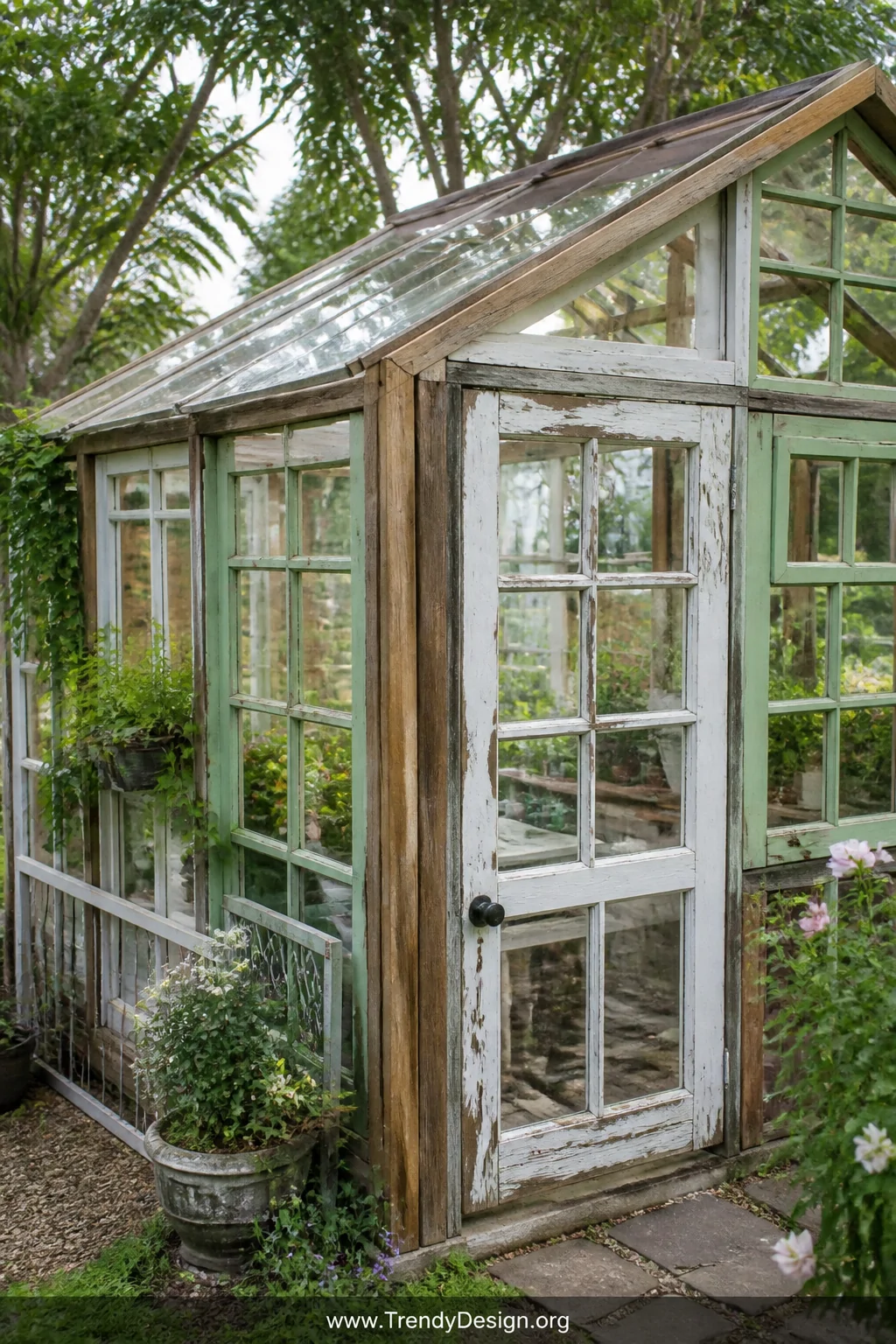 Medium shot of a charming DIY greenhouse assembled from mismatched salvaged windows and glass doors with peeling painted fram