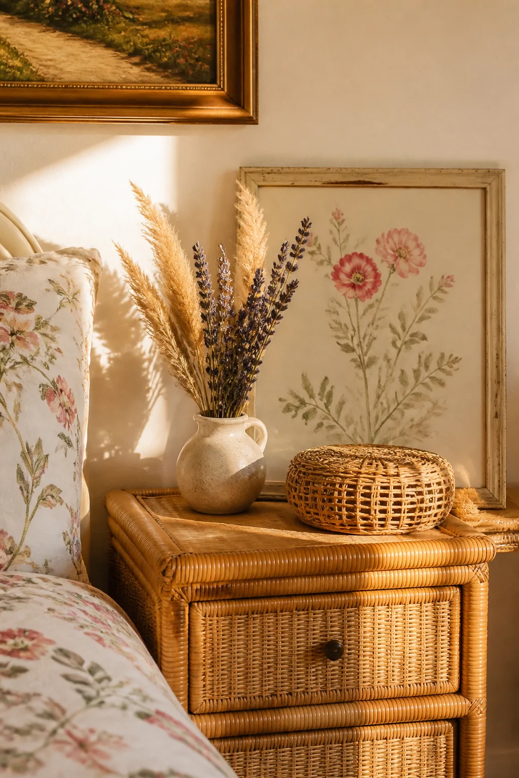 Medium shot of a styled bedroom nightstand vignette beside a floral-dressed bed, featuring a small ceramic vase holding dried