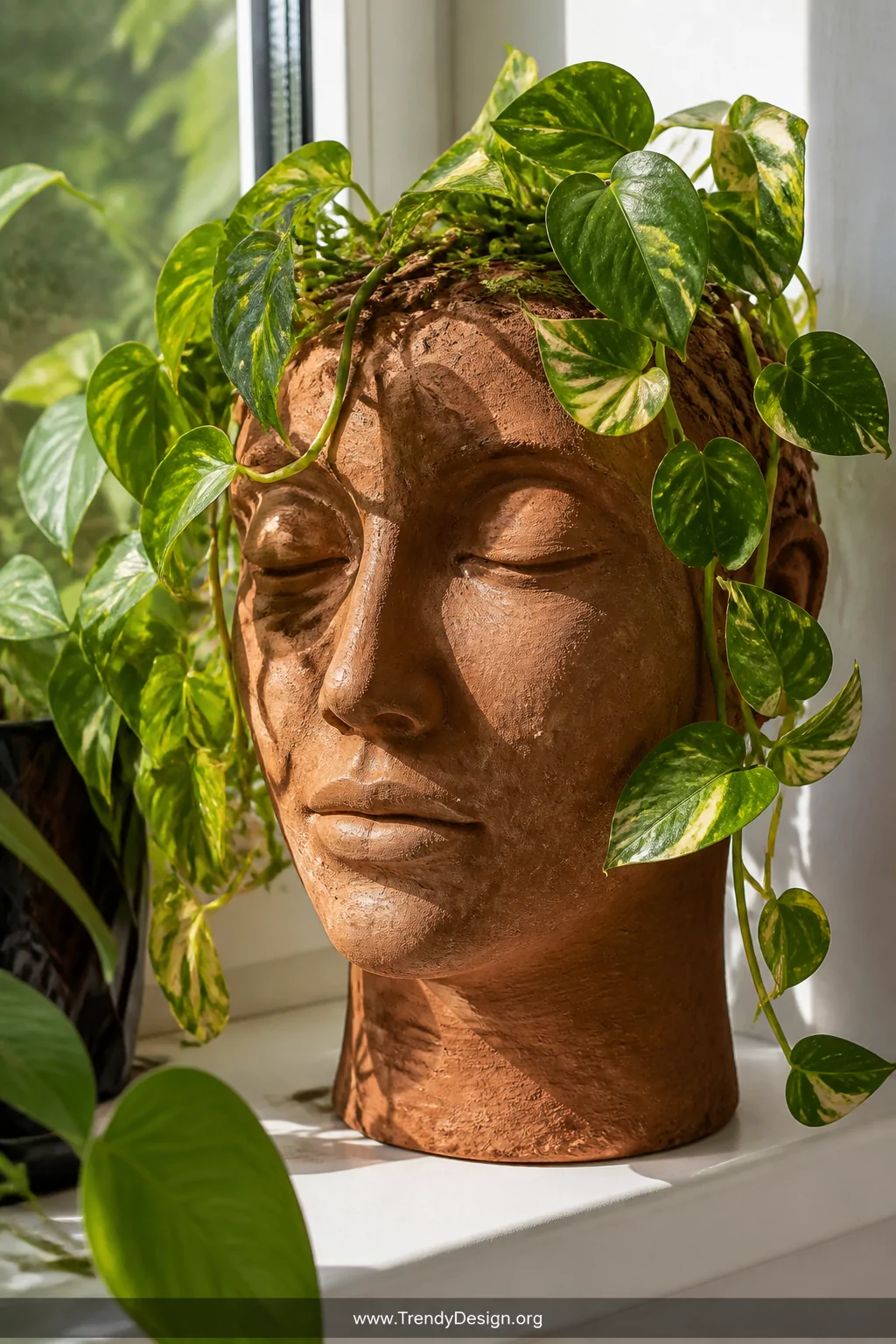 A dramatic closeup shot of a hollow terracotta clay head planter near a sunlit window, with trailing green pothos cascading o