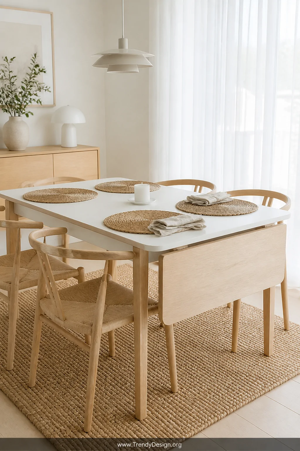 Bright airy medium shot of a Scandinavian dining space with a white lacquer and light ash wood drop leaf table, woven natural