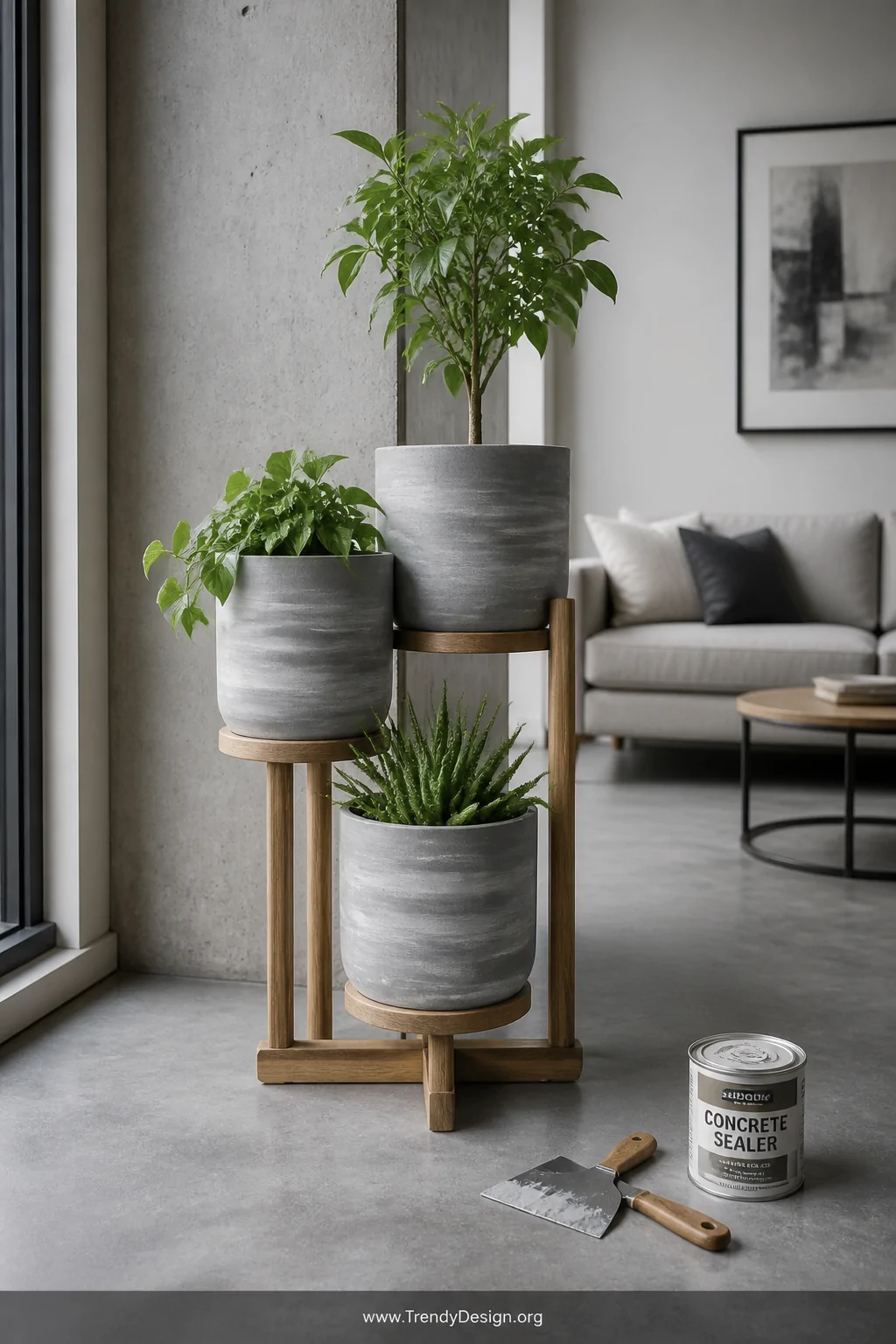 A wide shot of a minimalist concrete-aesthetic living room corner featuring three plastic plant pots finished in layered grey