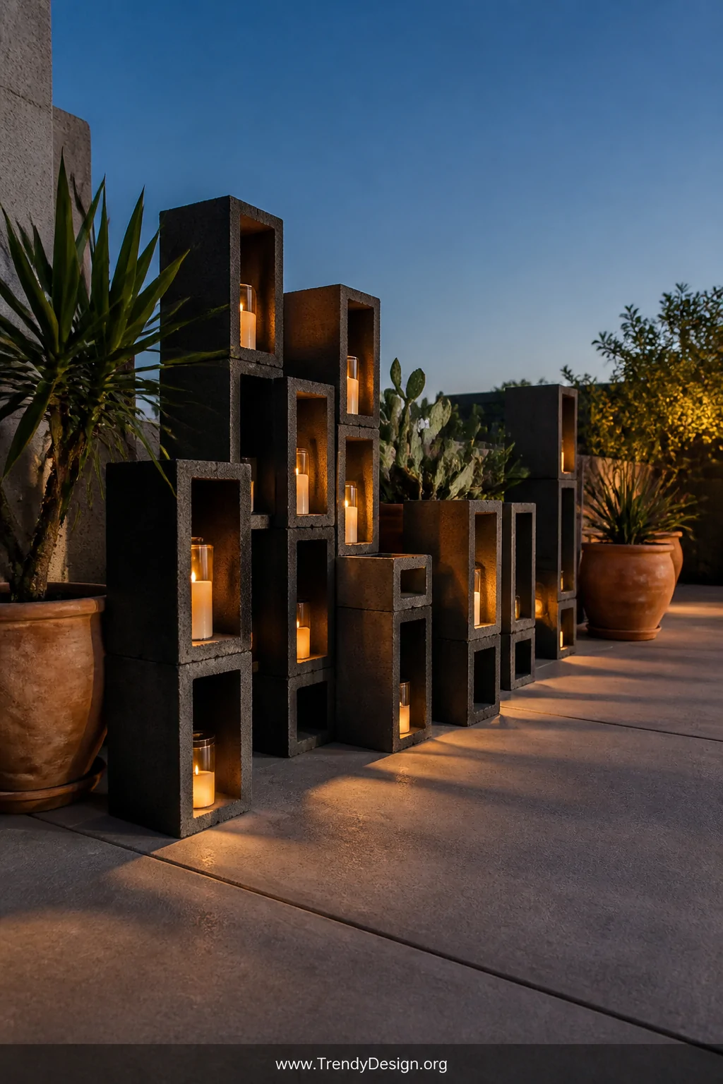A wide shot of stacked charcoal-painted concrete cinderblocks arranged at varying heights along an outdoor patio edge, pillar
