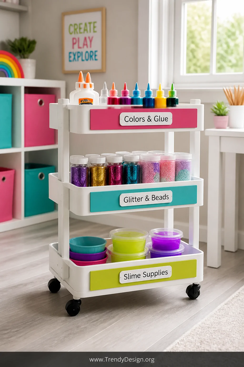 Wide shot of a bright playroom corner featuring a three-tiered white rolling cart with bold colorful accent trim, top shelf h