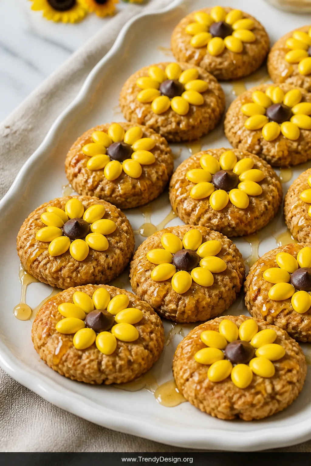 A close-up detail shot of a white ceramic serving tray holding rows of flattened golden-brown peanut butter and oat rounds de