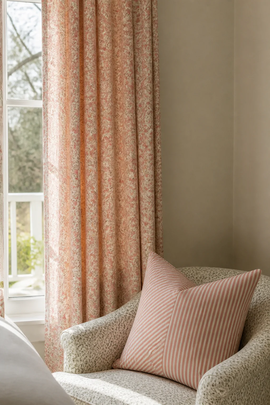 Closeup detail shot of a sunlit bedroom window corner showcasing delicate ditsy floral print curtains in soft blush and white