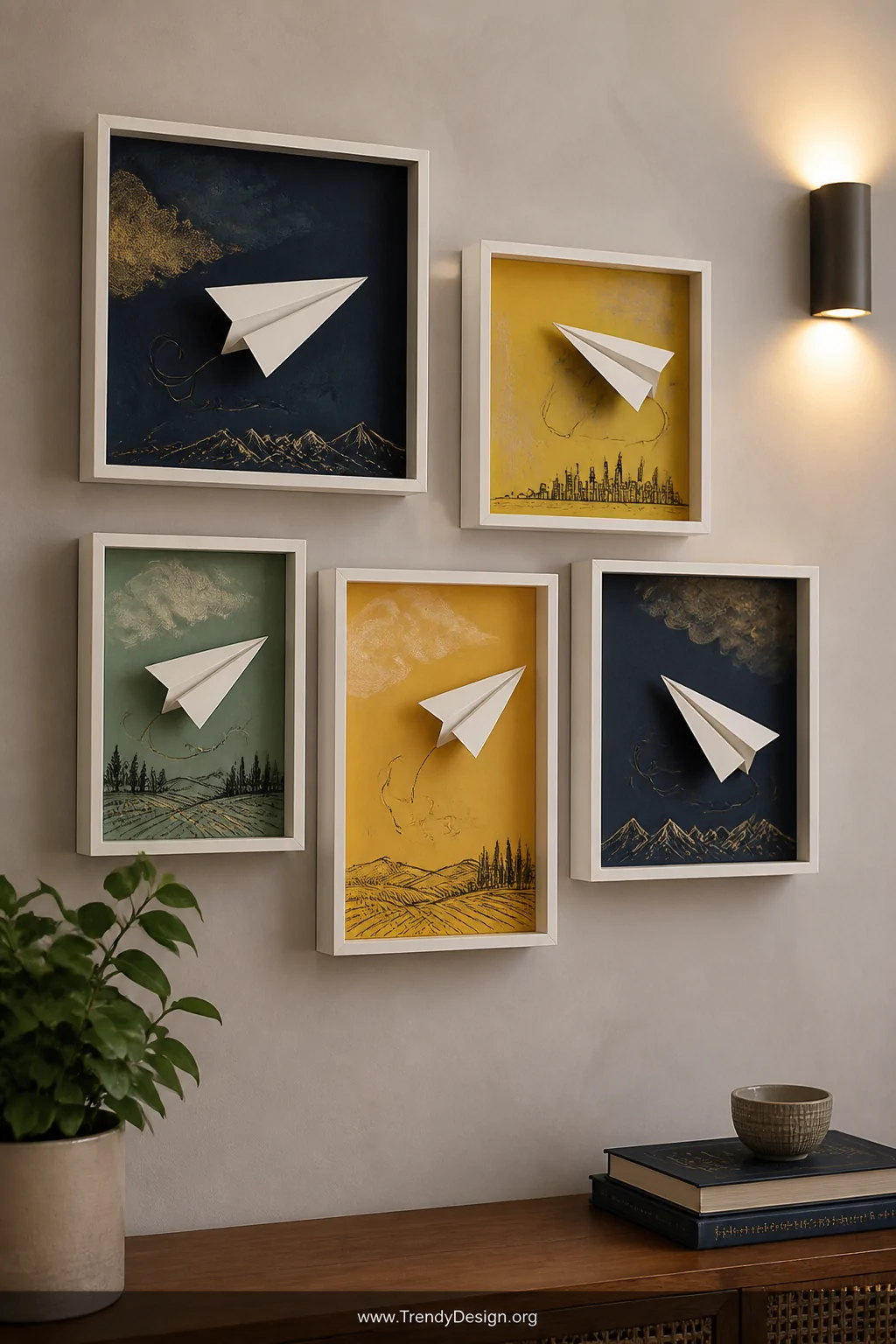 Medium shot of a styled gallery wall arrangement featuring five shadow box frames in matching white finish, each displaying a
