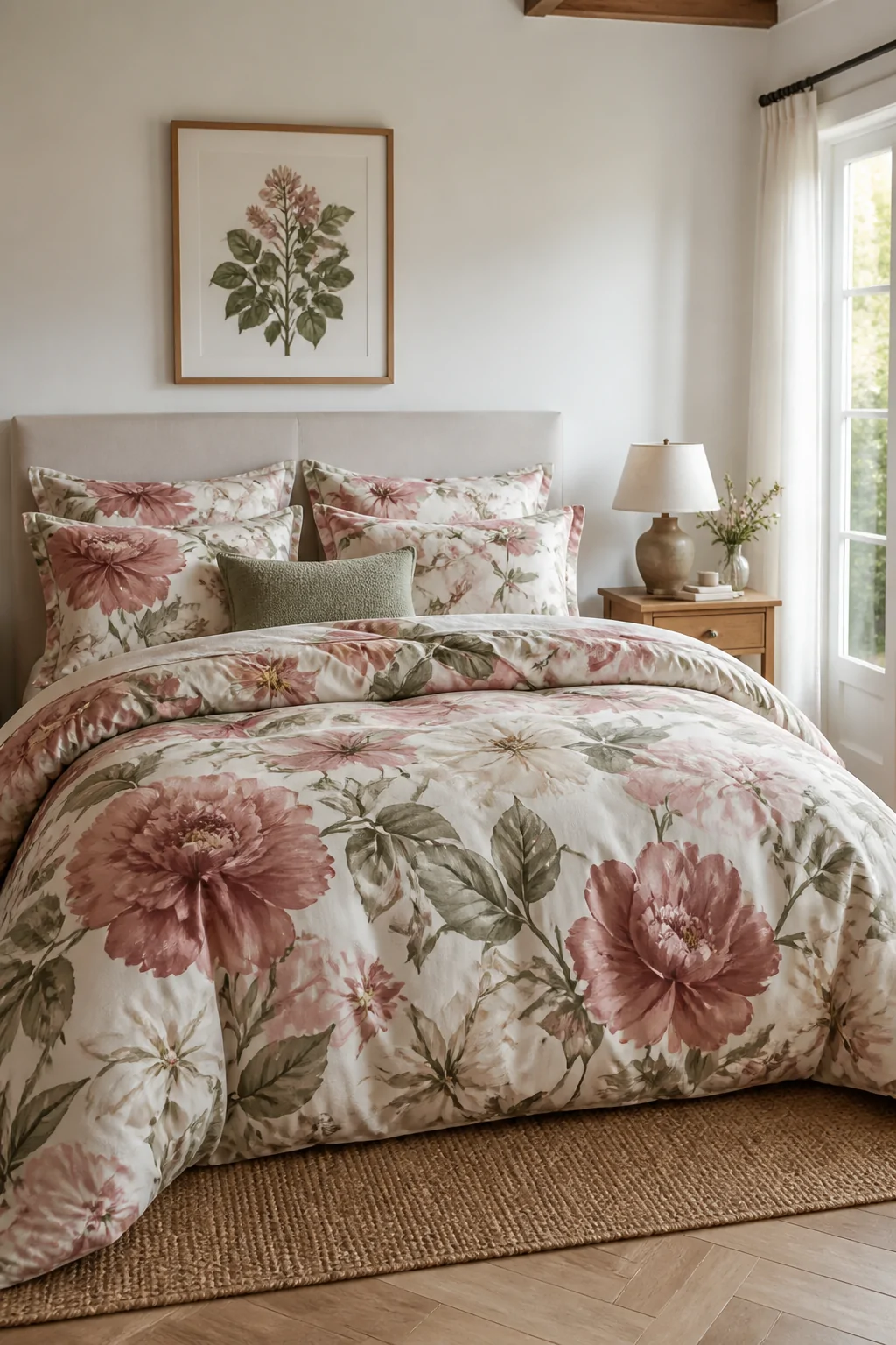 Wide-angle photorealistic shot of a beautifully made bed centered in a bright, airy bedroom featuring bold large-bloom floral