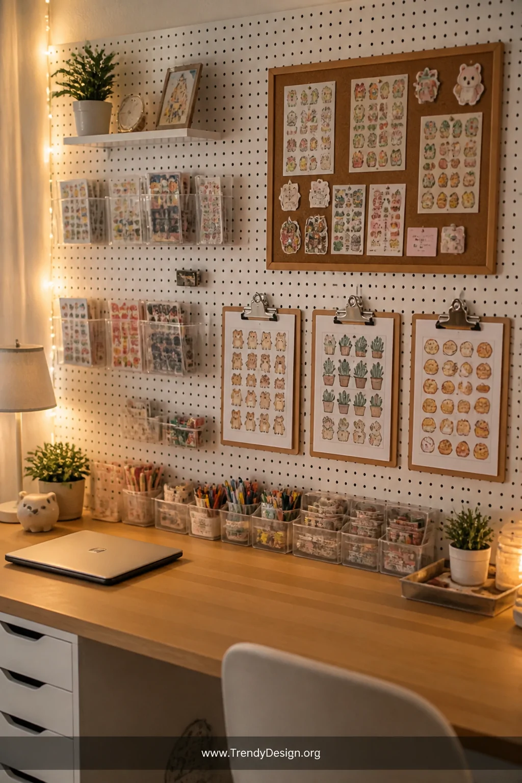 A wide shot of a creative hobby wall featuring a white pegboard mounted above a wooden desk, small clear hanging bins and met