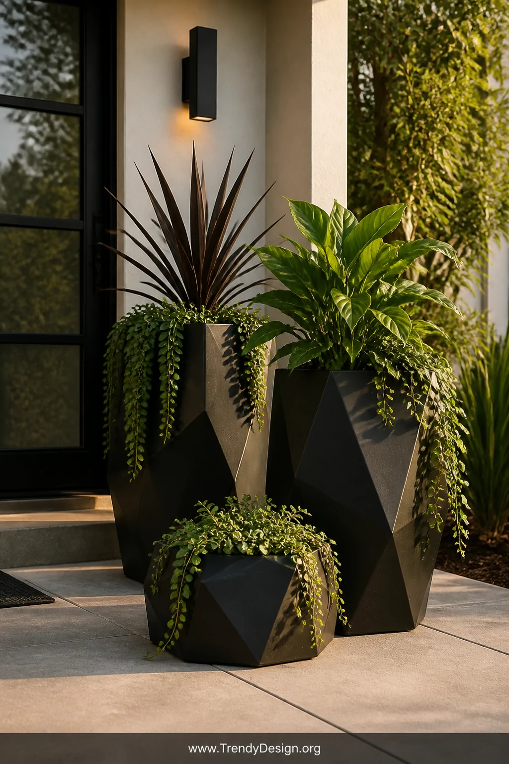 Medium outdoor shot of a modern patio entryway featuring a coordinated set of custom vacuum-formed geometric faceted planters