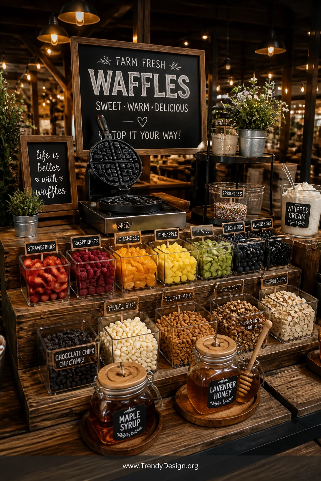 Wide shot of a rustic waffle concession station with a classic cast-iron waffle maker as the centerpiece, surrounded by tiere