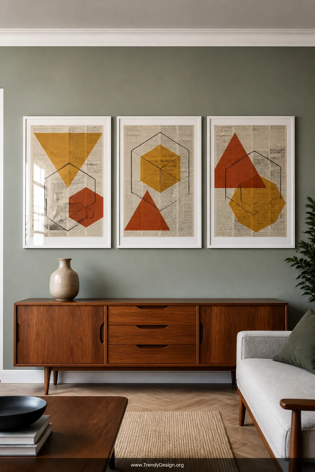 A medium shot of a Scandinavian-inspired living room wall displaying a series of three framed geometric newspaper drawings fe