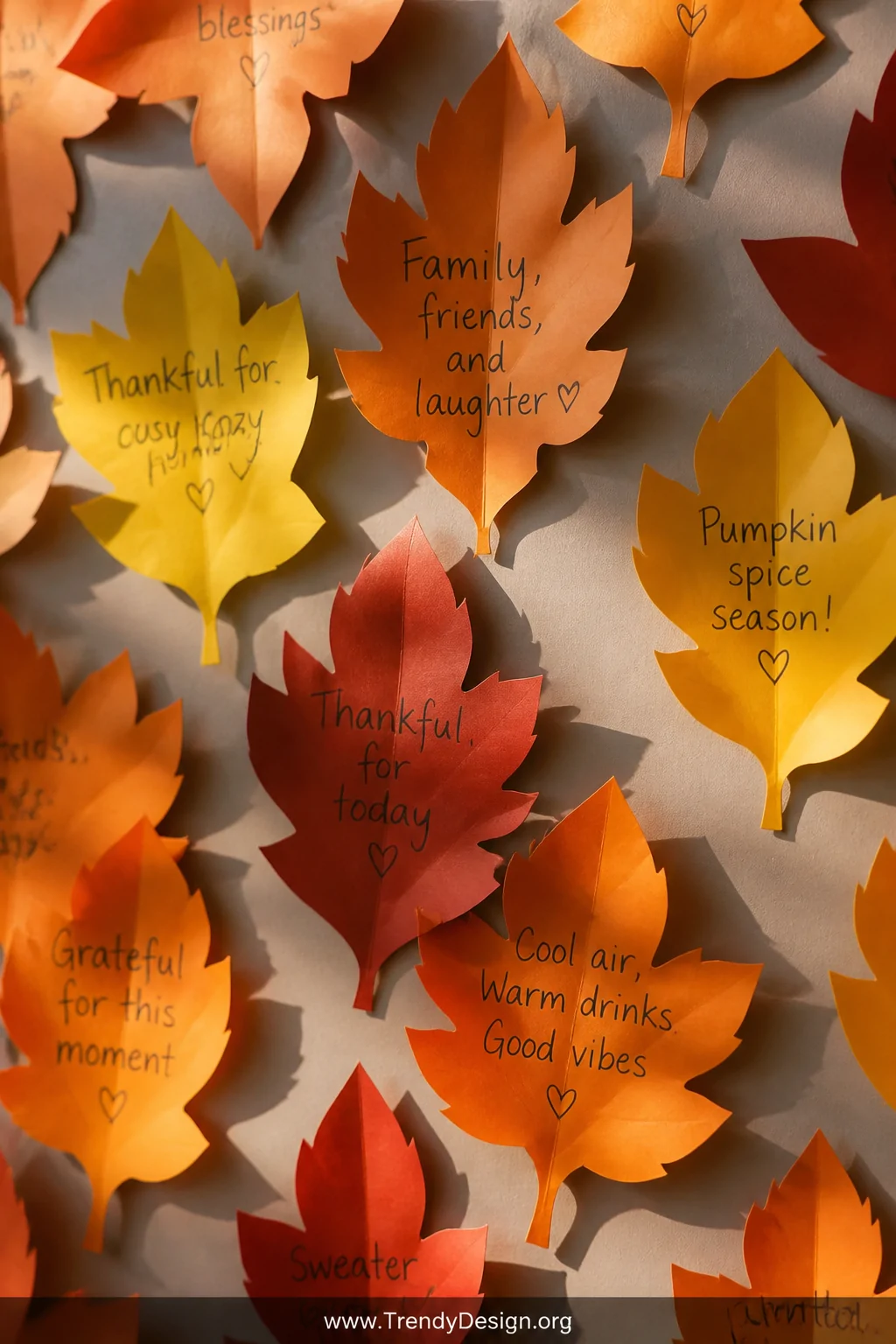 Close-up detail shot of a seasonal holiday sticky note wall display featuring orange and yellow notes cut and folded into dim