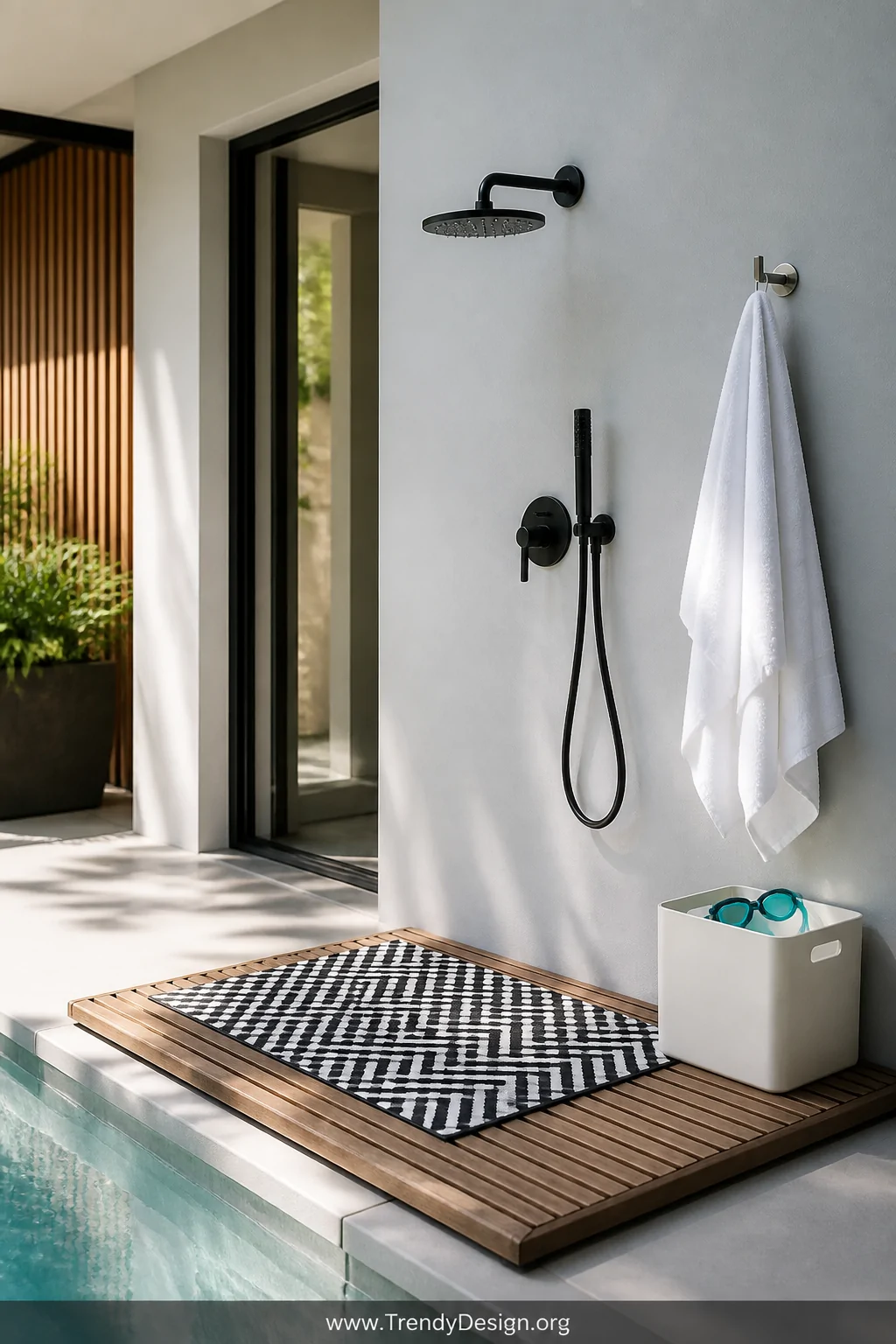 Wide shot of a minimalist pool exit zone featuring a bold black-and-white geometric quick-dry rubber mat placed on a smooth t