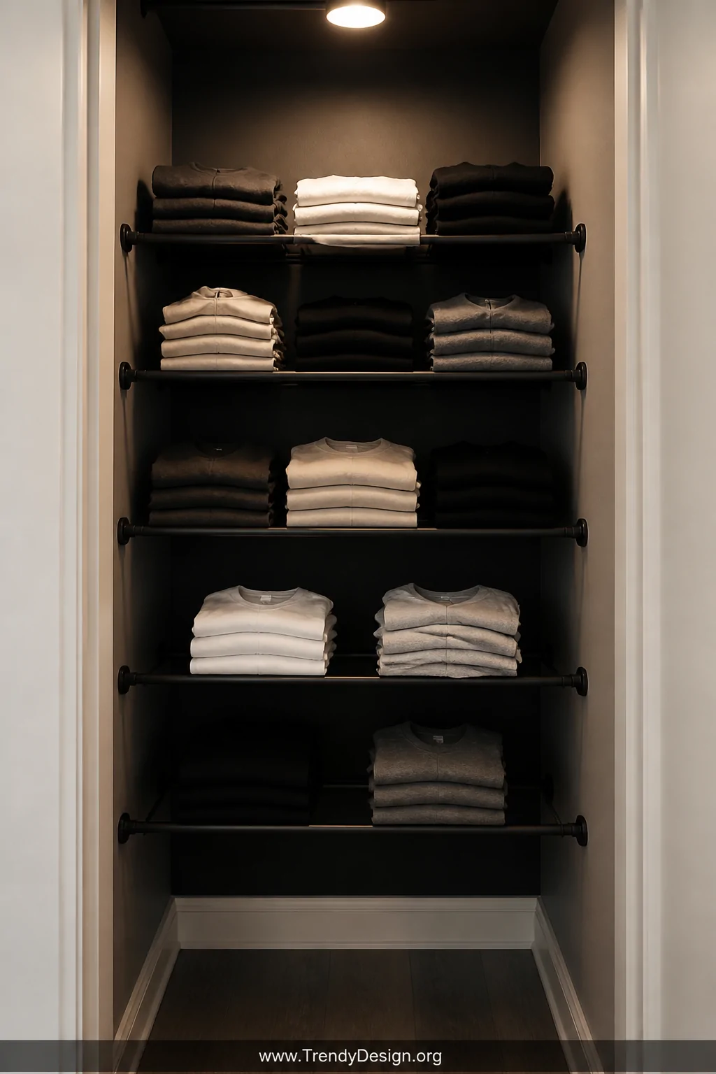 A medium shot inside a deep reach-in closet showing multiple horizontal tension rods installed at staggered heights, neatly s