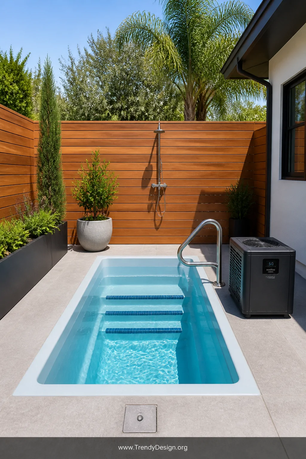 Wide elevated backyard shot of a small rectangular in-ground cold plunge pool with smooth fiberglass walls and built-in tiled