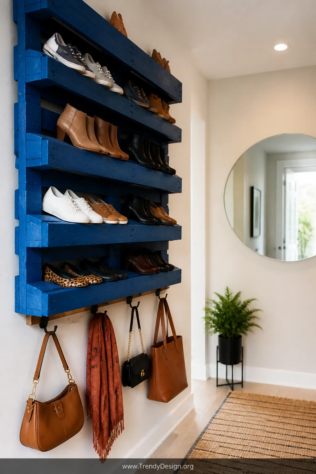 Medium shot of a bold cobalt-blue painted vertical double-stacked pallet shoe rack secured to a light hallway wall, sneakers,